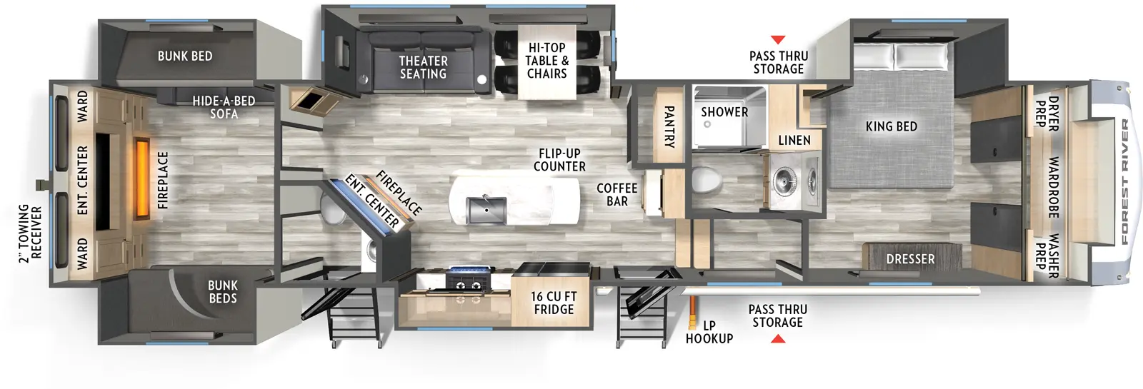 The Cardinal 37BEST floorplan has two entries and four slide outs. Exterior features include: fiberglass exterior and 15' awning. Interiors features include: bunk beds, kitchen island, front bedroom and bathroom and a half.